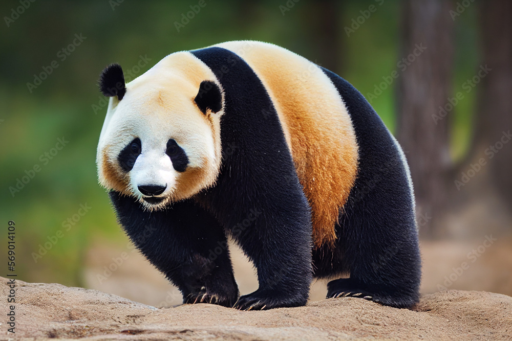 Fototapeta premium black and white panda on the background of green bamboo leaves, generative AI
