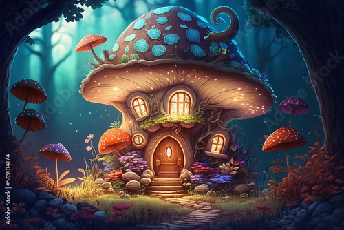 Magic elven house with fairy tale mushrooms and flowers. Generative AI