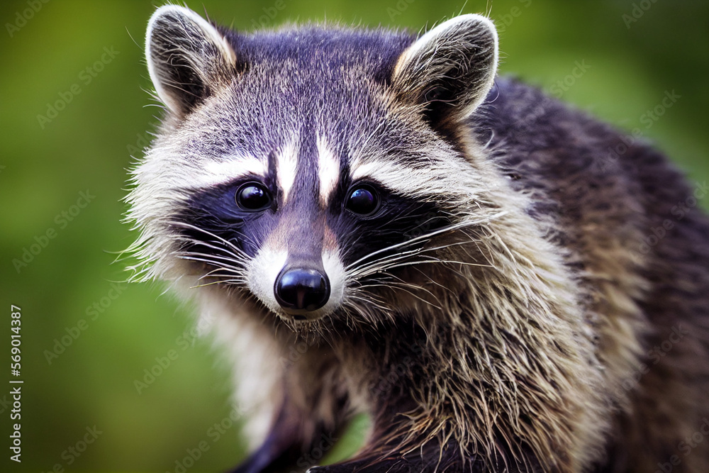 Naklejka premium raccoon on the background of green nature, generative AI