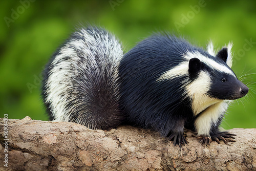smelly skunk on green nature background, generative AI © Paulina