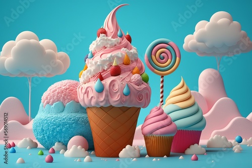 Fantasy Colorful Candyland with Cupcake, Candies, Ice Cream photo