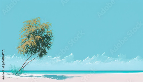 Tropical beach with blue sky and white clouds painting. Summer holiday and travel vacation concept. Generative AI.