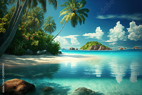 Tropical beach paradise with crystal clear water, sea, beach, island, water, ocean, tropical, sky, sand, travel, landscape, vacation, summer, nature, paradise, coast, holiday, palm, lagoon, tree,