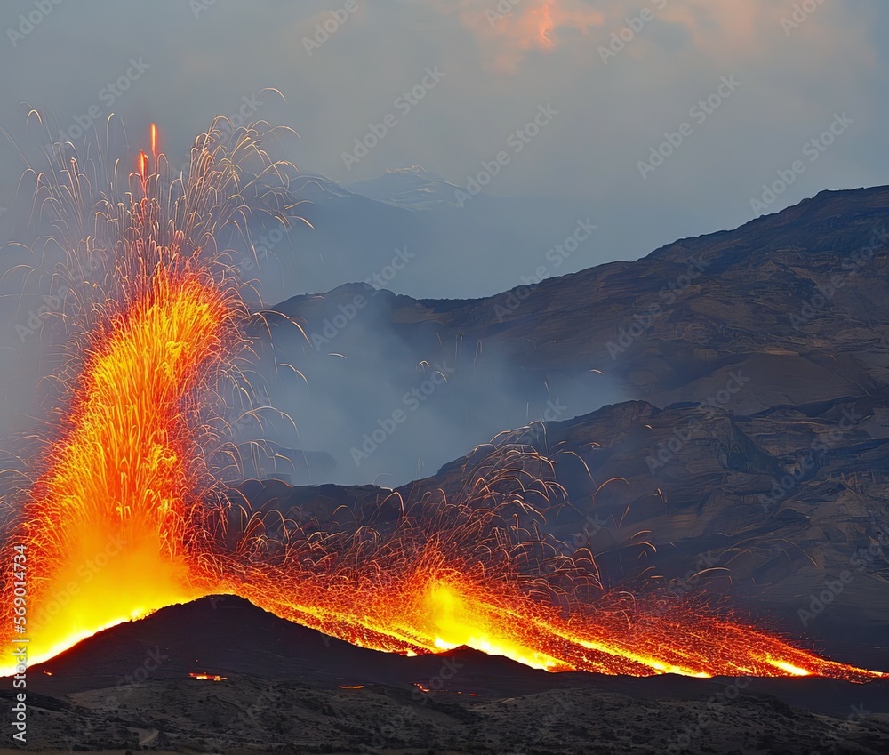Volcano errupting, fire flame