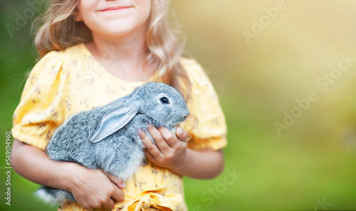 The gray rabbit pressed his ears in the girl's arms 