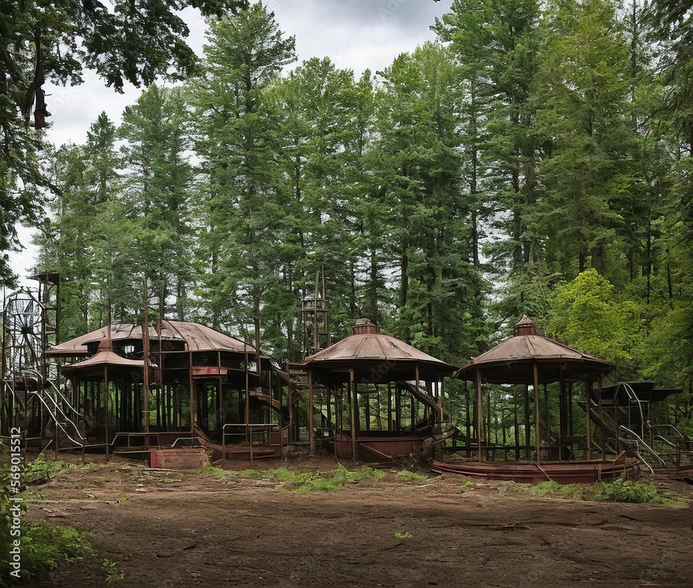 abandoned amusement park, scary, rusty, large metal structures