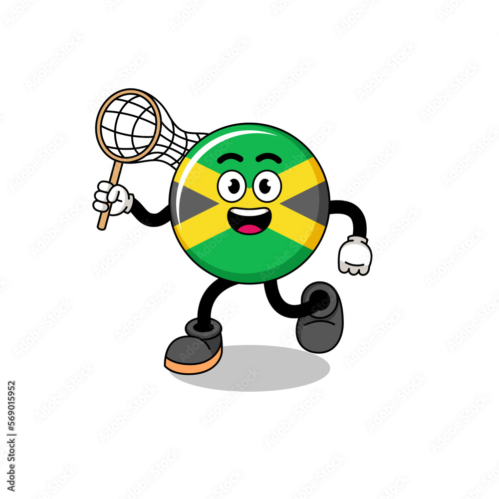 Fototapeta premium Cartoon of jamaica flag catching a butterfly