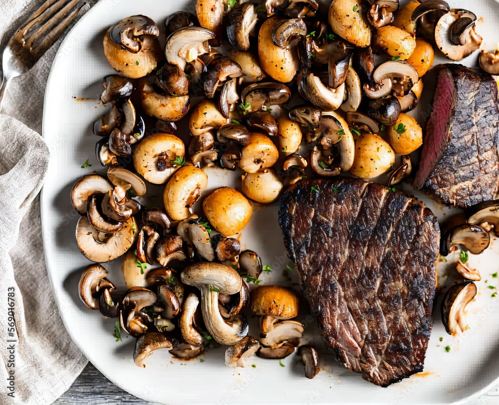 Fototapeta premium grilled beef steak with vegetables and spices on a plate on a white background. top view.