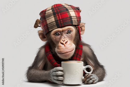 A cheeky monkey in a tartan hat wrapped in a scarf drinking a steaming cup of tea or coffee,  Generative AI. photo