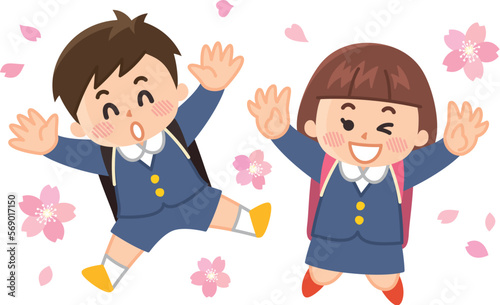 ジャンプする小学生と桜　入学式