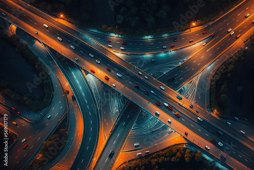 Expressway top view, Road traffic an important infrastructure, car traffic transportation above intersection road in city night, aerial view cityscape of advanced innovation, financial technology, 