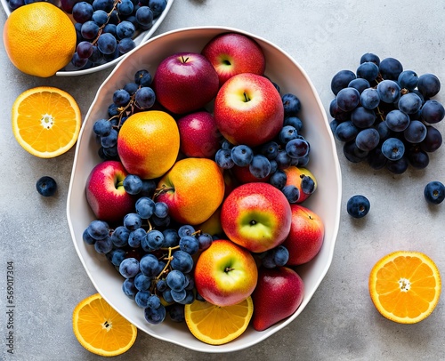 fresh fruits and berries on a dark background. top view. free space for your text.