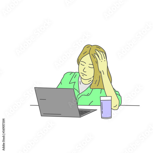 
vector illustration of a business woman in front of a computer looking tired and stressed at work. hand drawn style
