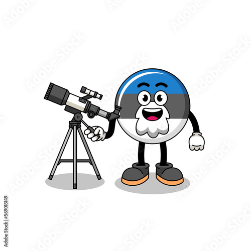 Illustration of estonia flag mascot as an astronomer