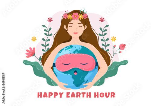 Happy Earth Hour Day Illustration with Lightbulb, World Map and Time to Turn Off in Flat Sleep Cartoon Hand Drawn Landing Page Templates