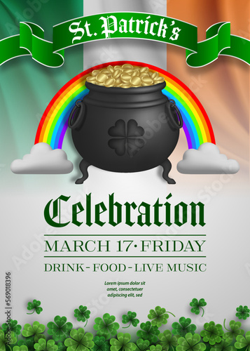 saint patrick's day background with pot and rainbow. st. patrick's day poster with cauldron and irish flag	