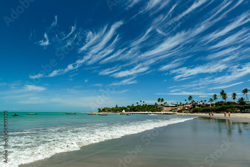 Jericoacoara beach, State of Ceara, Brazil on January 27, 2023. View of the beach with greenish sea and beautiful cirrus clouds formation with blue sky. photo