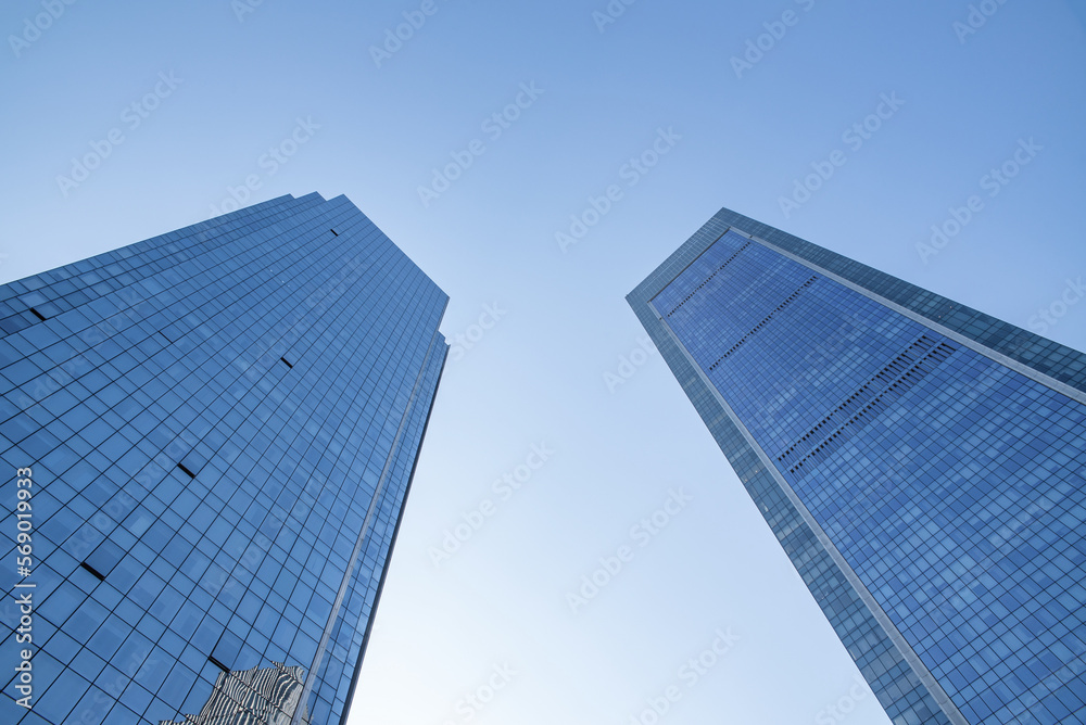 Upward shot of city CBD building glass curtain wall landscape