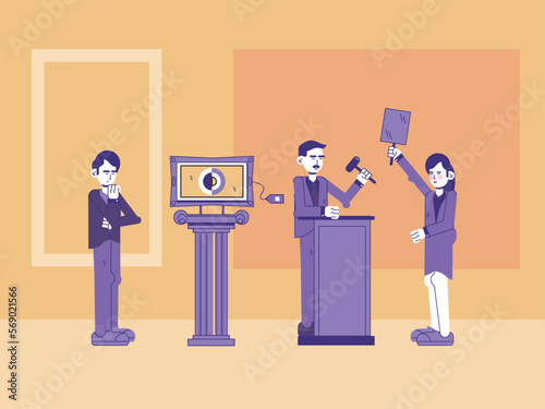 Woman bidding for art in auction illustration