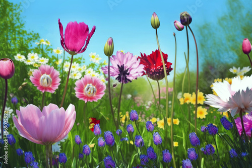 Beautiful flower field. Spring flowers natural landscape  close up. Generative AI