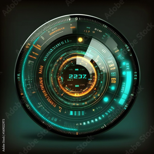 Data center interface futuristic concept. Circular hud element of big data. Cyber system security for technology business graphic resouces. Generative AI image .