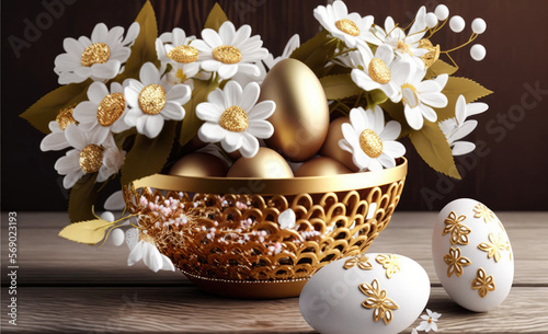 Happy easter, Golden easter eggs and white flowers in a golden basket on wooden table. Ai generate image