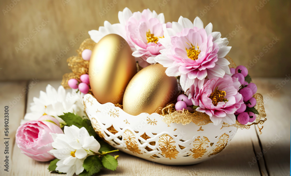 Happy easter, golden easter eggs in white basket with pink flowers. Generative AI Happy easter, golden easter eggs in white basket with pink flowers. Generative AI