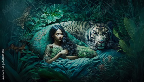 Fototapeta Naklejka Na Ścianę i Meble -  A sleeping girl in the dense jungle sees beautiful dreams, Majestic Tiger guards her dream. Sweet dreams concept. fantasy background. digital ai art