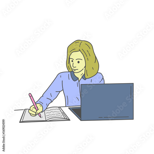 vector illustration of a business woman in front of   laptop looking busy at work.hand drawn style.suitable for icon business,sticker,etc