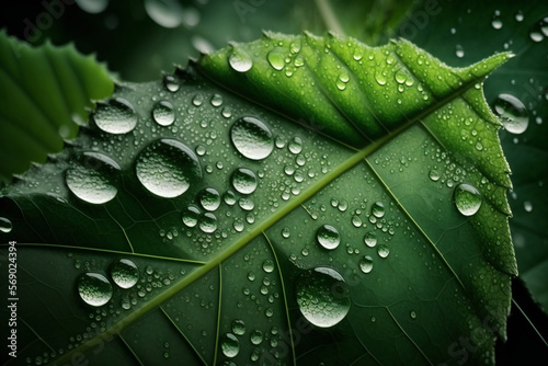 Close up of leaf with morning dew, fresh green background, generative ai