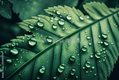Close up of leaf with morning dew, fresh green background, generative ai