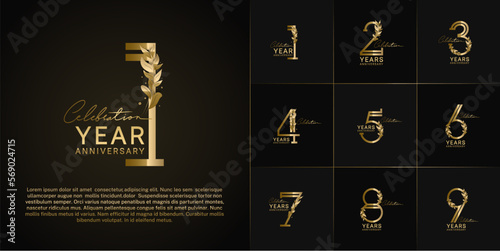 set of anniversary logotype golden color with leaf for special celebration event