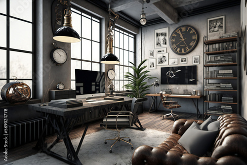 Luxury workspace office industrial space modern interior classy furniture good taste office industrial loft generative ai