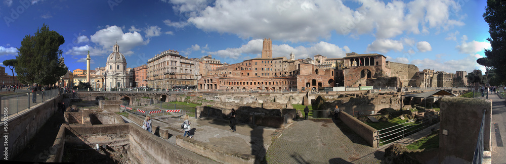 Fori imperiali of Rome in Italy with panoramic view to ruins