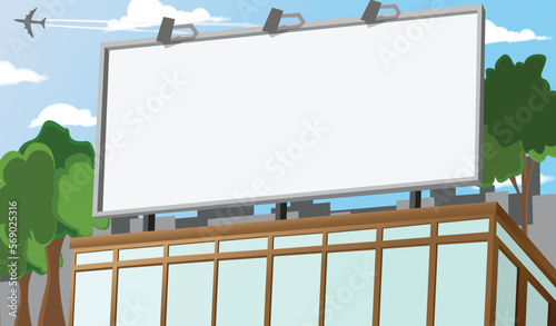 Billboard on building and tree in front of shadow city for copy space. flat design vector illustration. copy space mockup template display