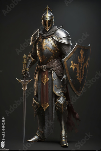 full length portrait of a soldier in medieval armor with sword and shield