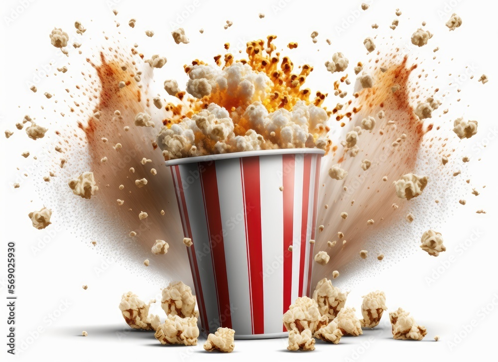 popcorn explosion, steaming hot and red bucket of buttered popcorn