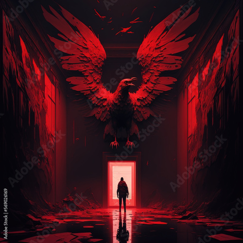 man walking in red corridor with big eagle on wall