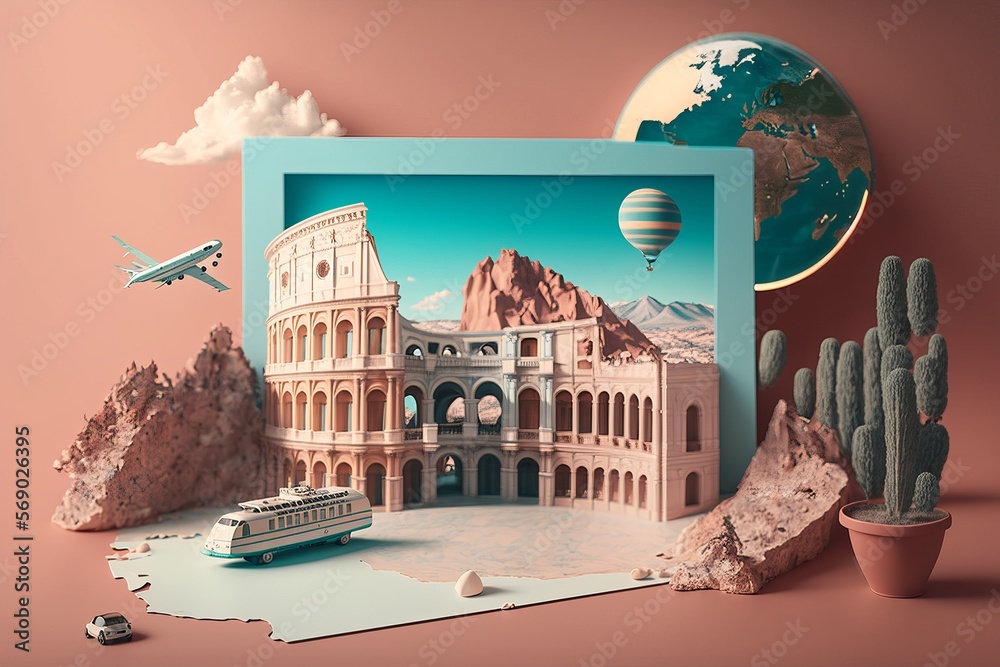 Fototapeta premium Stunning realistic travel around the world concept on pastel color background. Created with Generative Ai
