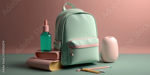 Backpacks with school stationery on pastel color background. Created with Generative Ai technology
