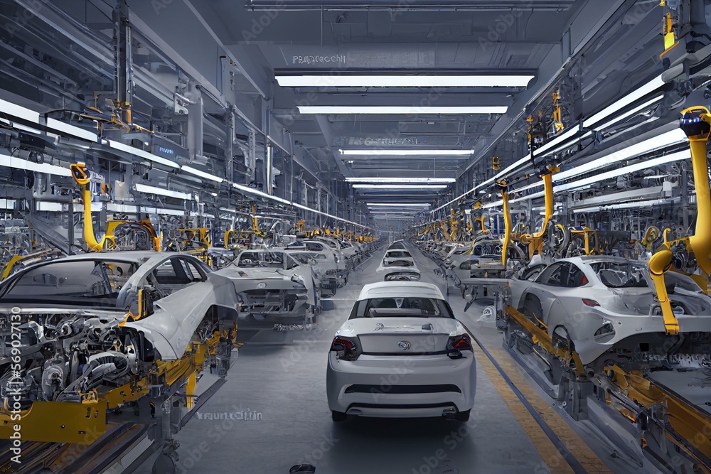 Top View Car Factory with Automated Robot Arm Assembly Line ...