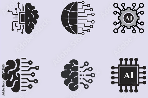 Set of Artificial intelligence brain icons. Technology and engineering concept, data connection and future technology. Modern thinking concepts, editable vector. Easy to change color or size. eps 10.