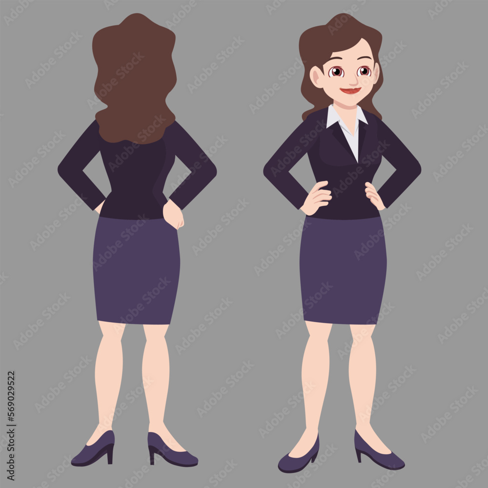 business woman in standing poses front and back view