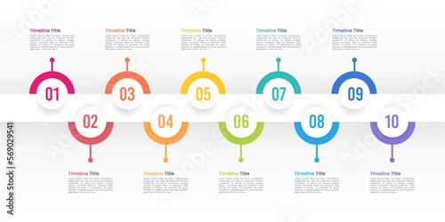 Business infographics with 10 semicircles colorful on timeline diagrams on white color background.
