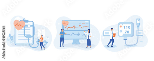 Heart disease screening and diagnostic illustration set. Doctor checks blood pressure and examine cardiogram and pulse on EKG monitor. Healthcare and medicine concept.flat vector illustration 