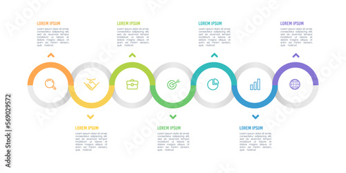 Business data visualization. Timeline infographic circle with icons. 7 steps or options infographic. Vector illustration.