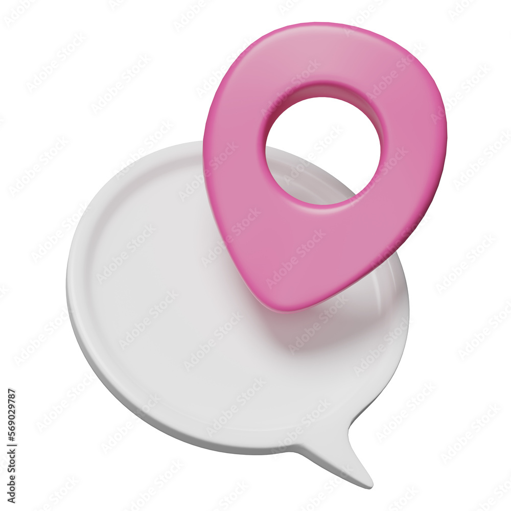 3D chat bubbles icons with pin isolated. seo, minimal social media messages, location pin marker concept, 3d render illustration