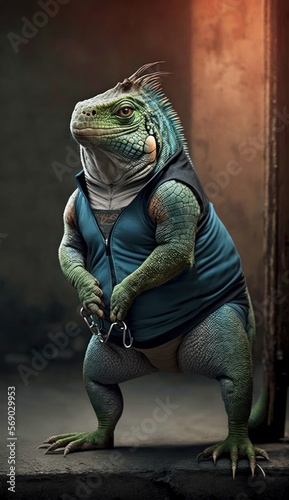 Cool, Cute and Adorable Humanoid Iguana in Stylish Sportswear: A Unique Athletic Animal in Action with Comfortable Activewear and Gym Clothes like Men, Women, and Kids (generative AI)