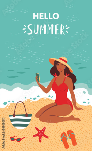 Happy woman at the beach. Female in swimsuit Flat vector illustration. Hello summer card template