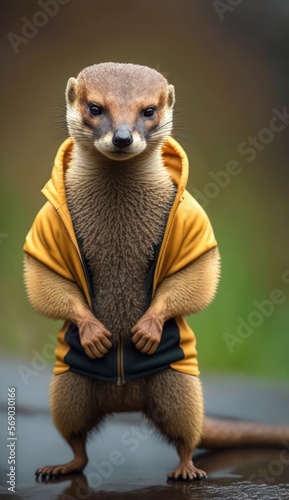 Cool, Cute and Adorable Humanoid Mongoose in Stylish Sportswear: A Unique Athletic Animal in Action with Comfortable Activewear and Gym Clothes like Men, Women, and Kids (generative AI)